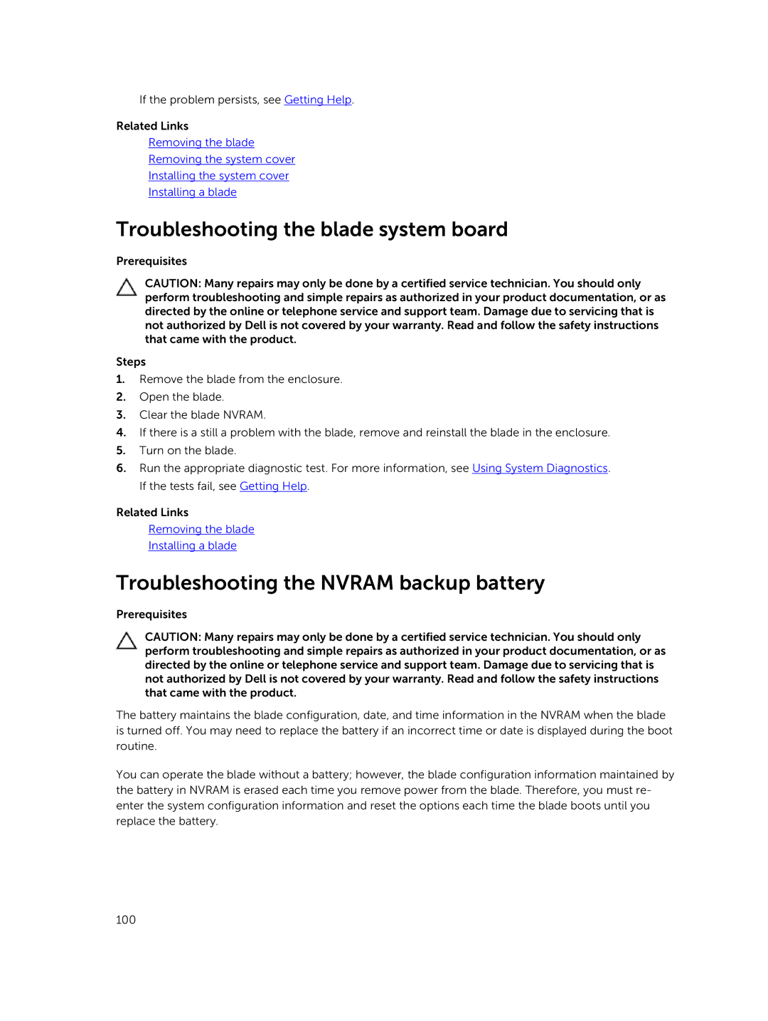 Dell M630 owner manual Troubleshooting the blade system board, Troubleshooting the Nvram backup battery 