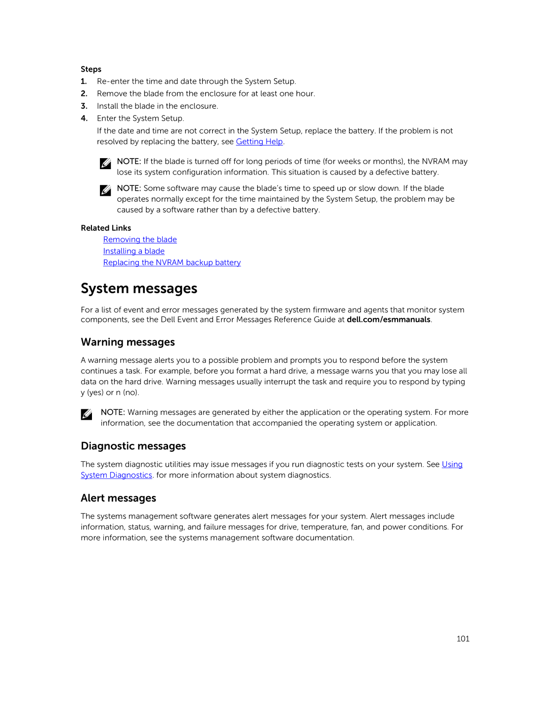 Dell M630 owner manual System messages, Diagnostic messages, Alert messages 