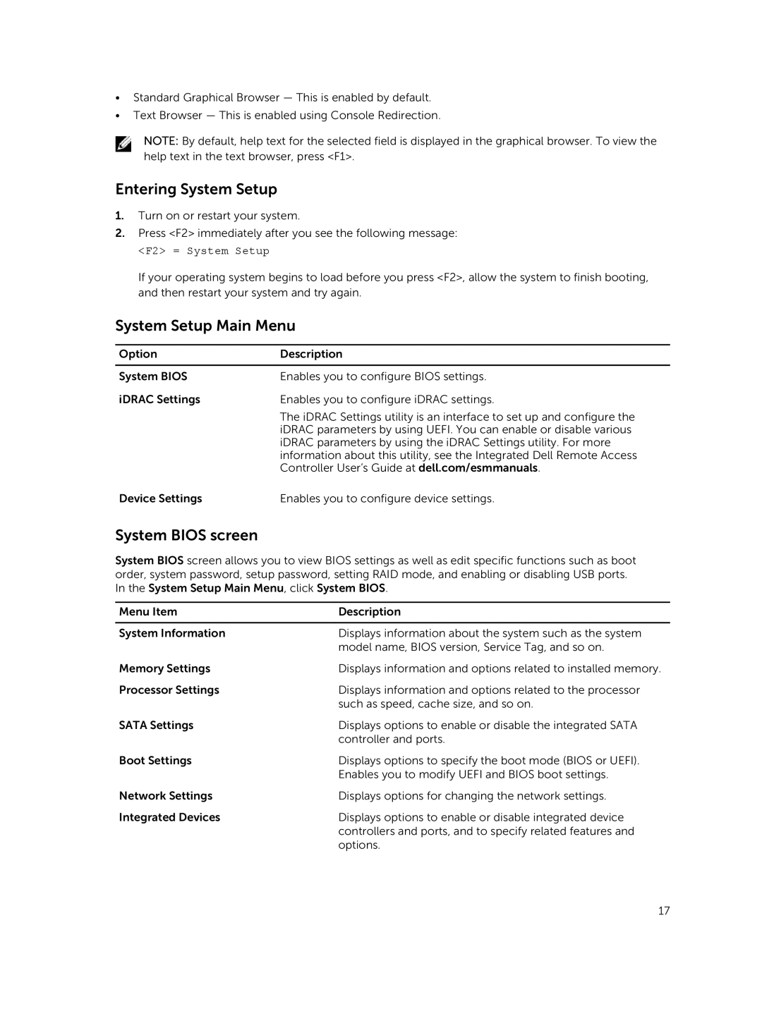 Dell M630 owner manual Entering System Setup, System Setup Main Menu, System Bios screen 