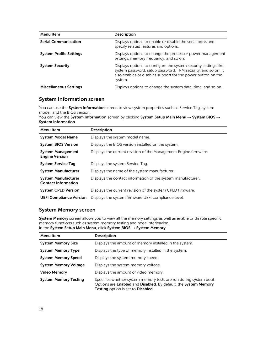 Dell M630 owner manual System Information screen, System Memory screen 