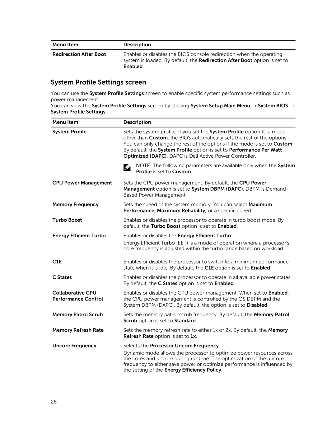 Dell M630 owner manual System Profile Settings screen, C1E 