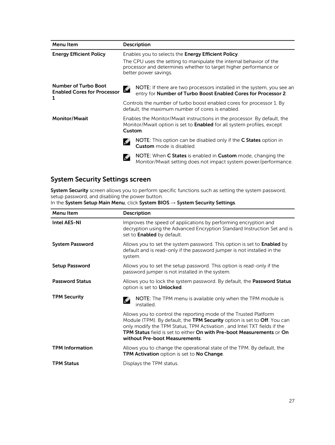 Dell M630 owner manual System Security Settings screen 