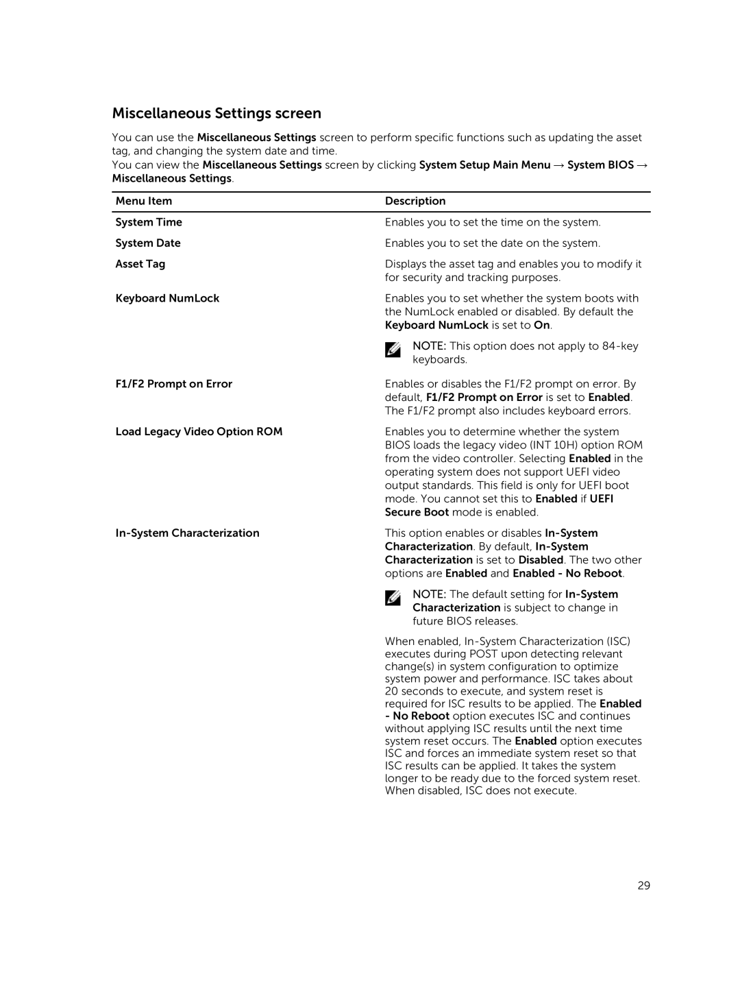 Dell M630 owner manual Miscellaneous Settings screen 