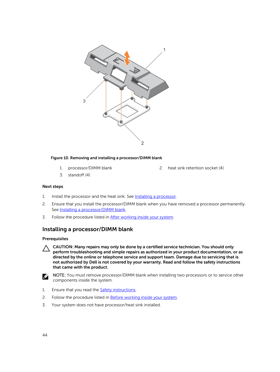 Dell M630 owner manual Installing a processor/DIMM blank, Removing and installing a processor/DIMM blank 