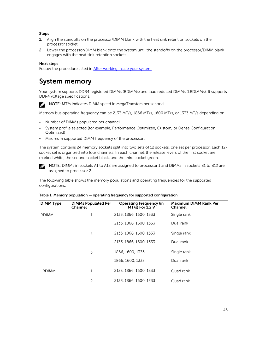 Dell M630 owner manual System memory, Lrdimm 