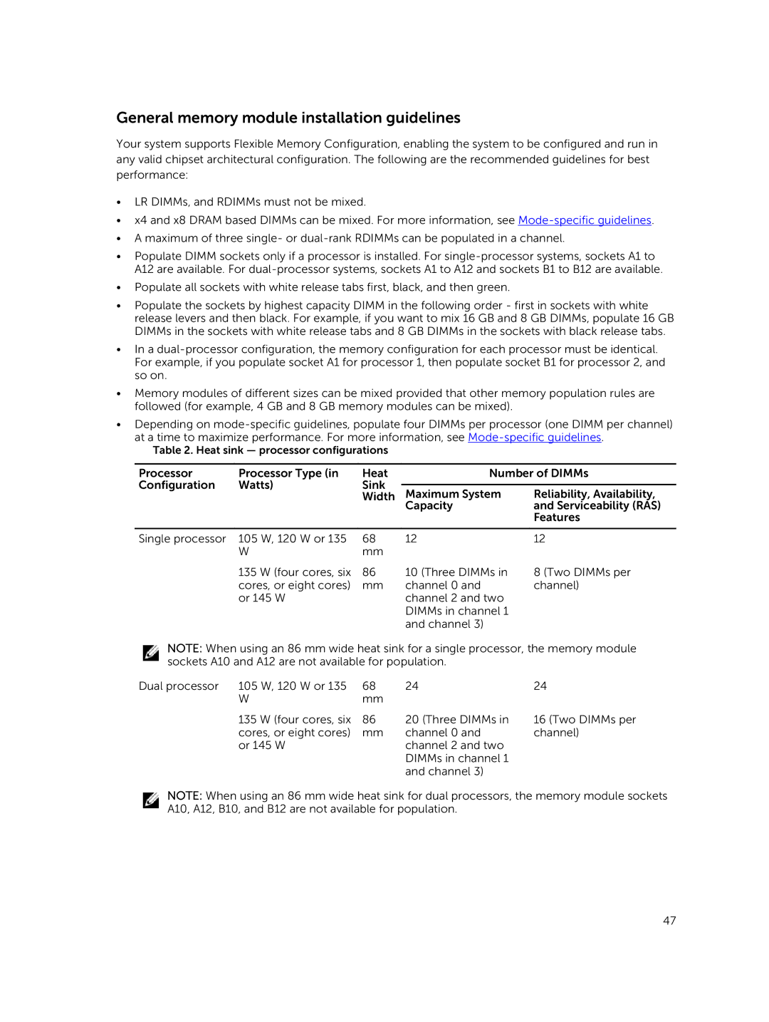 Dell M630 owner manual General memory module installation guidelines 