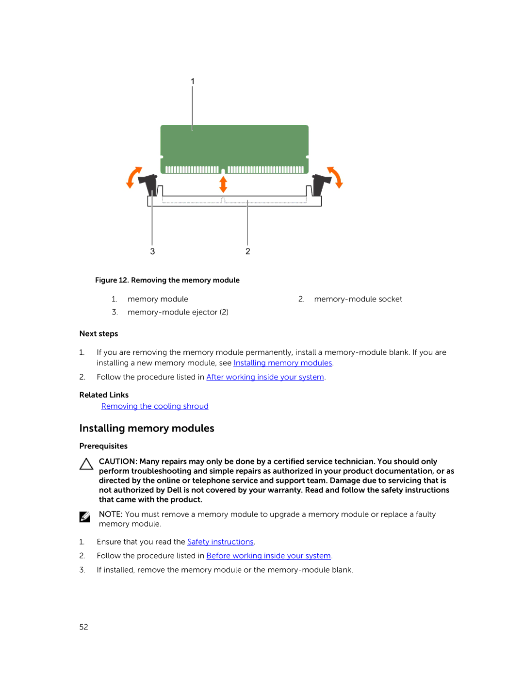 Dell M630 owner manual Installing memory modules, Removing the memory module 