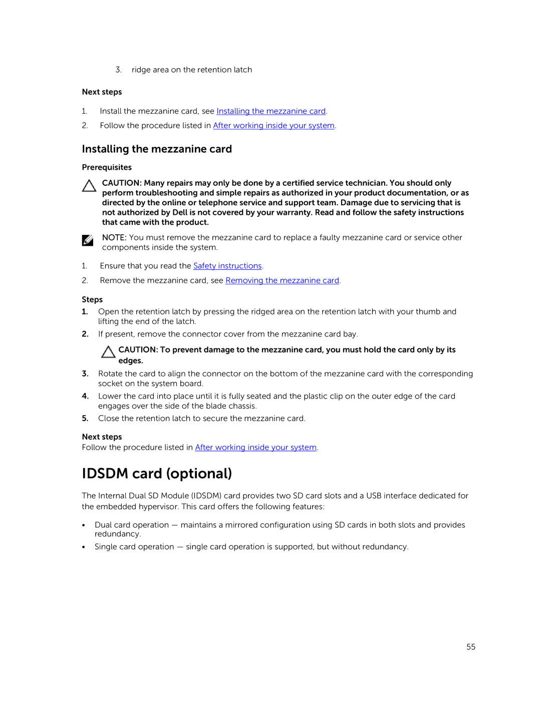 Dell M630 owner manual Idsdm card optional, Installing the mezzanine card 