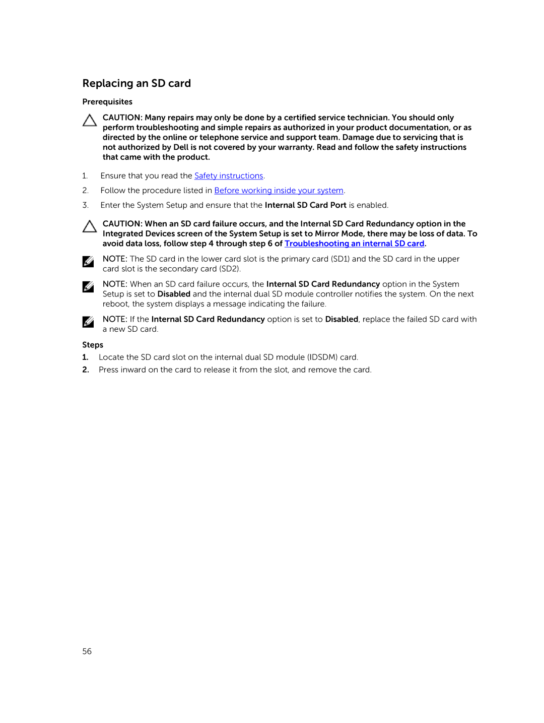 Dell M630 owner manual Replacing an SD card 