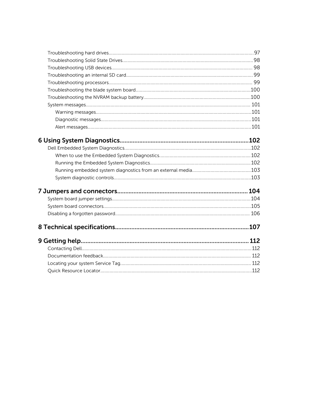 Dell M630 Using System Diagnostics 102, Jumpers and connectors 104, Technical specifications 107 Getting help 112 