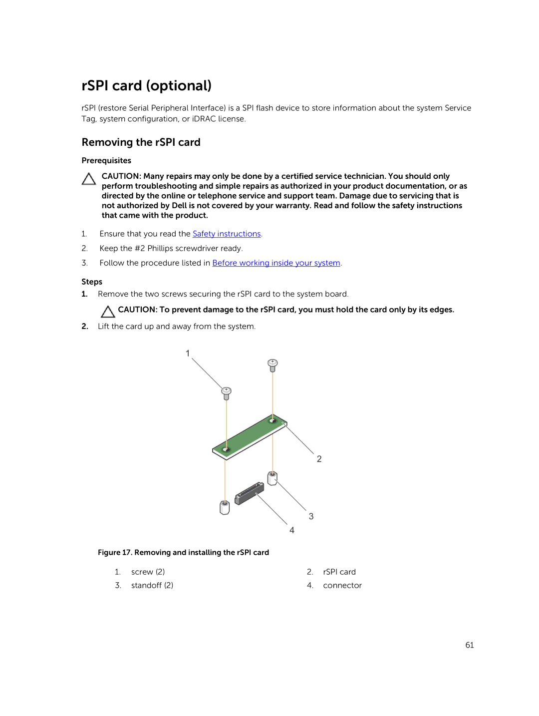 Dell M630 owner manual RSPI card optional, Removing the rSPI card 