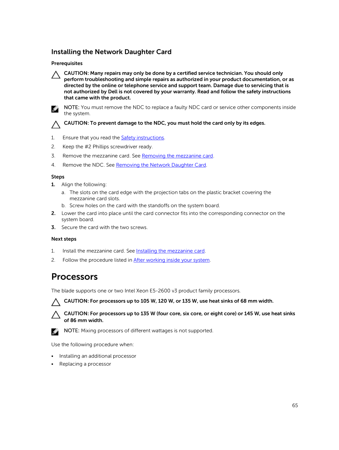 Dell M630 owner manual Processors, Installing the Network Daughter Card 