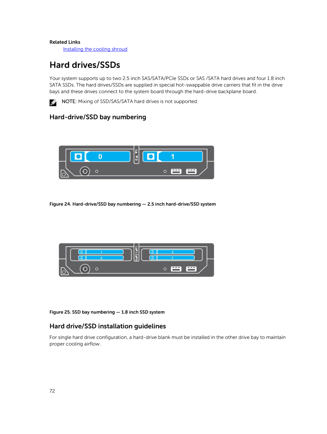 Dell M630 owner manual Hard drives/SSDs, Hard-drive/SSD bay numbering, Hard drive/SSD installation guidelines 