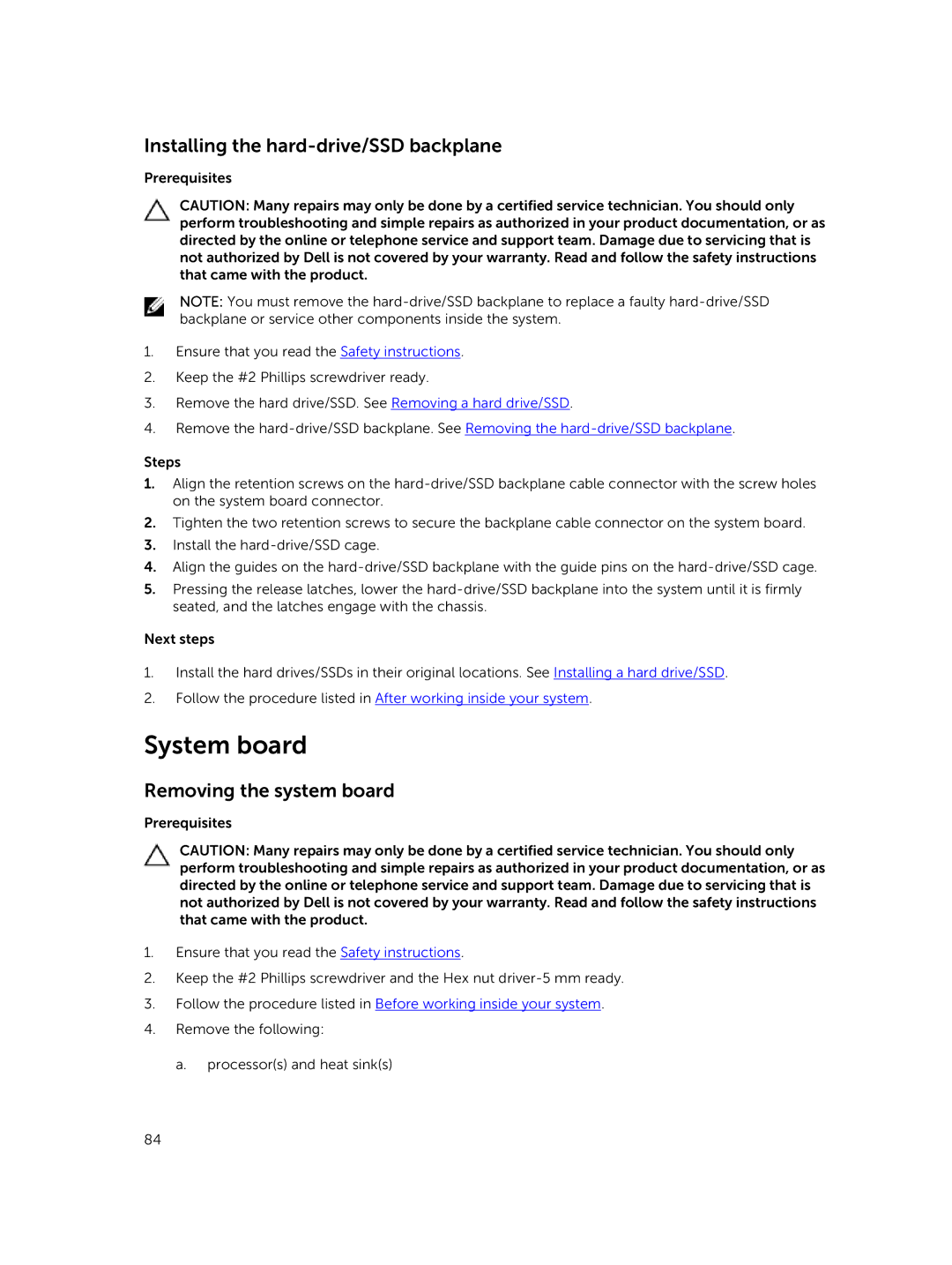 Dell M630 owner manual System board, Installing the hard-drive/SSD backplane, Removing the system board 