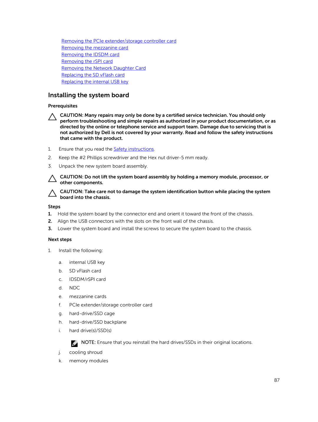 Dell M630 owner manual Installing the system board 