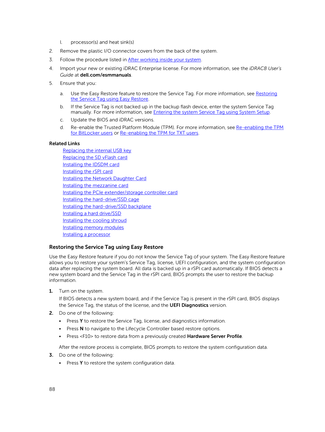 Dell M630 owner manual Restoring the Service Tag using Easy Restore 