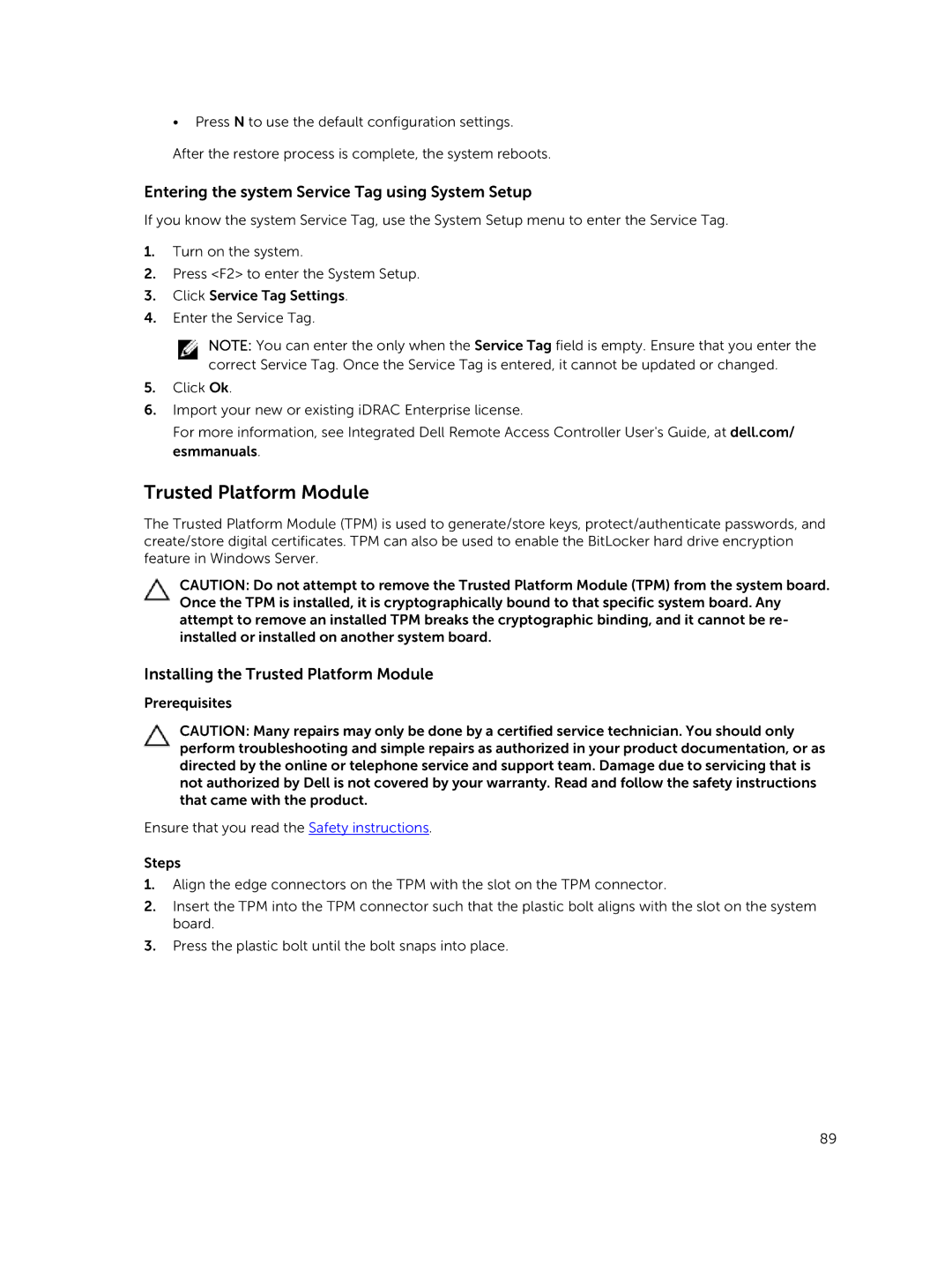 Dell M630 owner manual Trusted Platform Module, Entering the system Service Tag using System Setup 