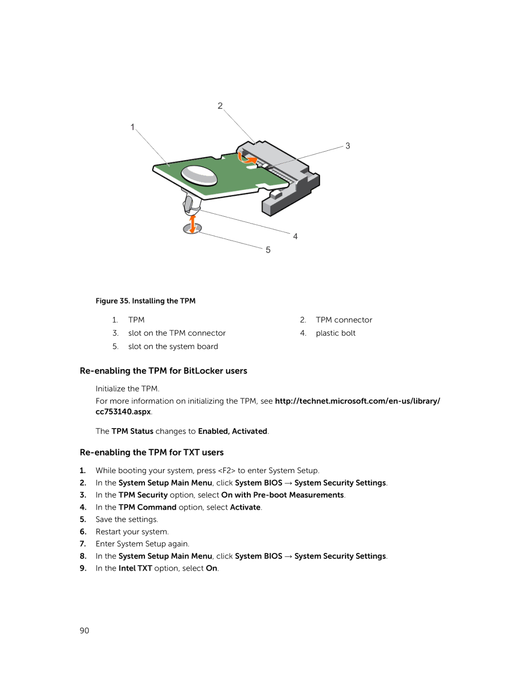 Dell M630 owner manual Re-enabling the TPM for BitLocker users 