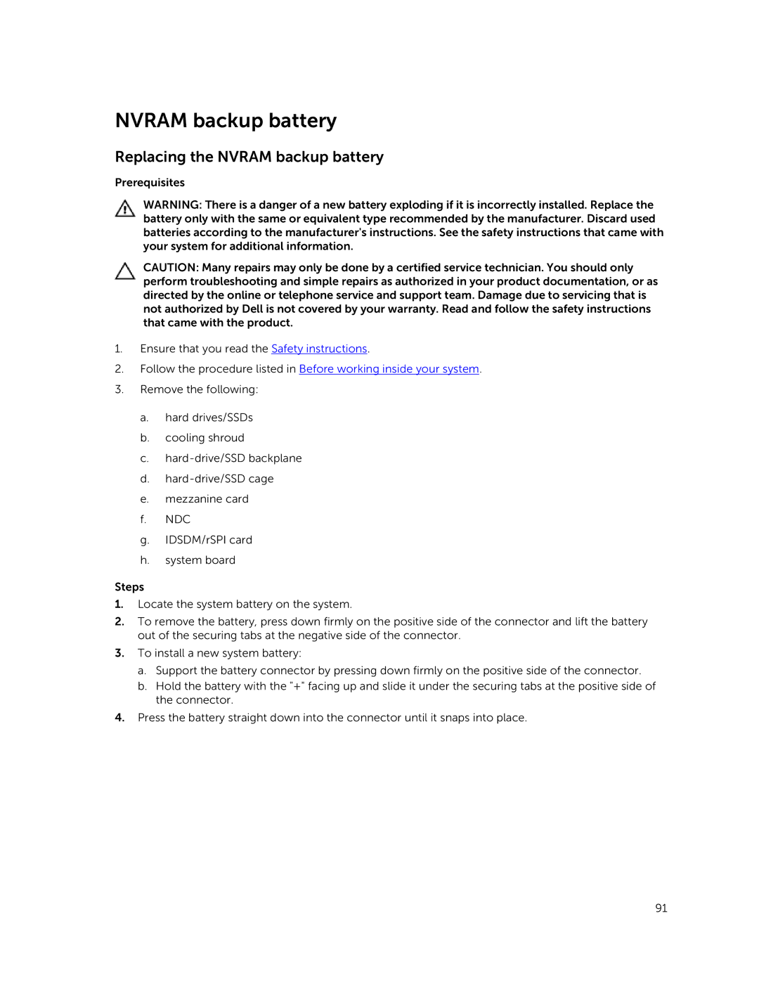 Dell M630 owner manual Replacing the Nvram backup battery 