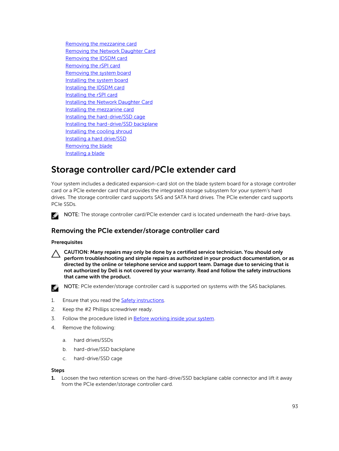 Dell M630 owner manual Storage controller card/PCIe extender card, Removing the PCIe extender/storage controller card 