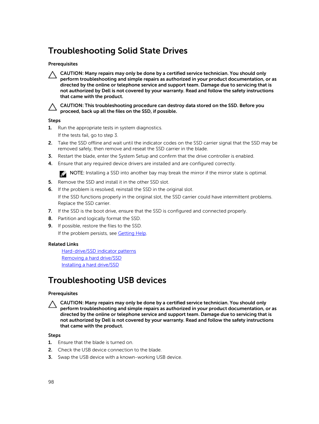 Dell M630 owner manual Troubleshooting Solid State Drives, Troubleshooting USB devices 