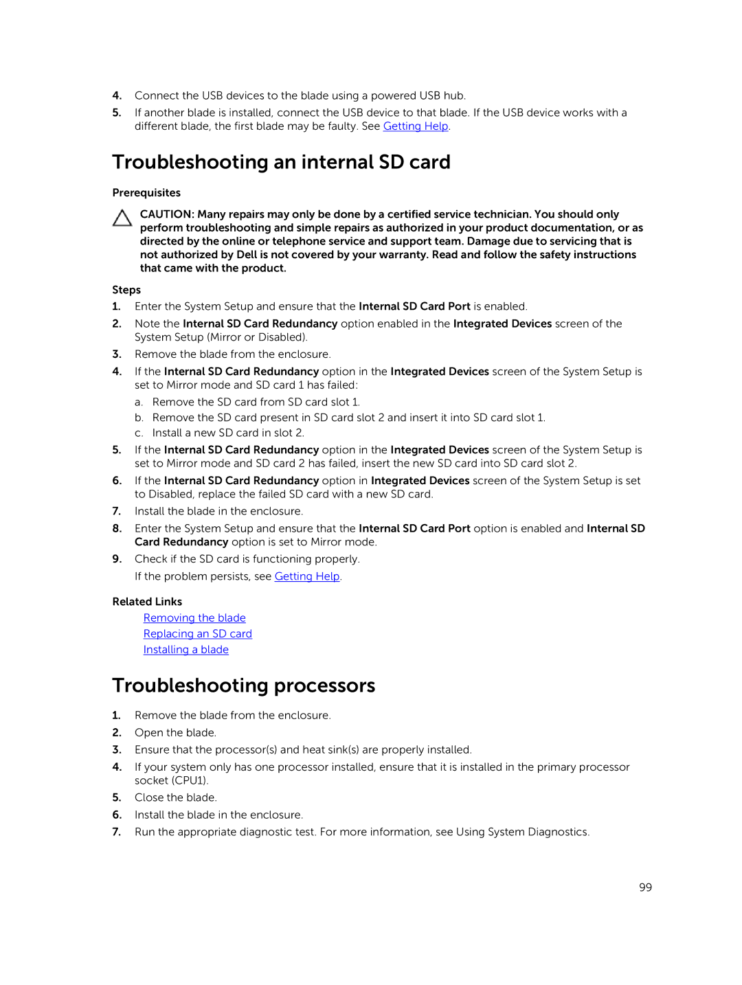 Dell M630 owner manual Troubleshooting an internal SD card, Troubleshooting processors 