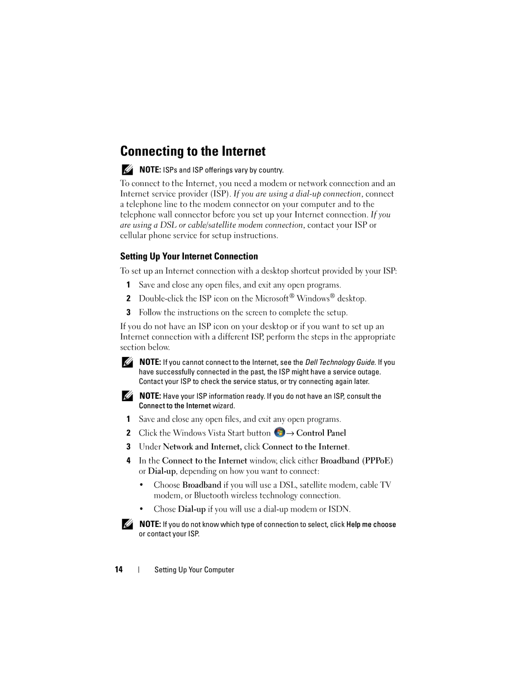 Dell M6400 specifications Connecting to the Internet, Setting Up Your Internet Connection 