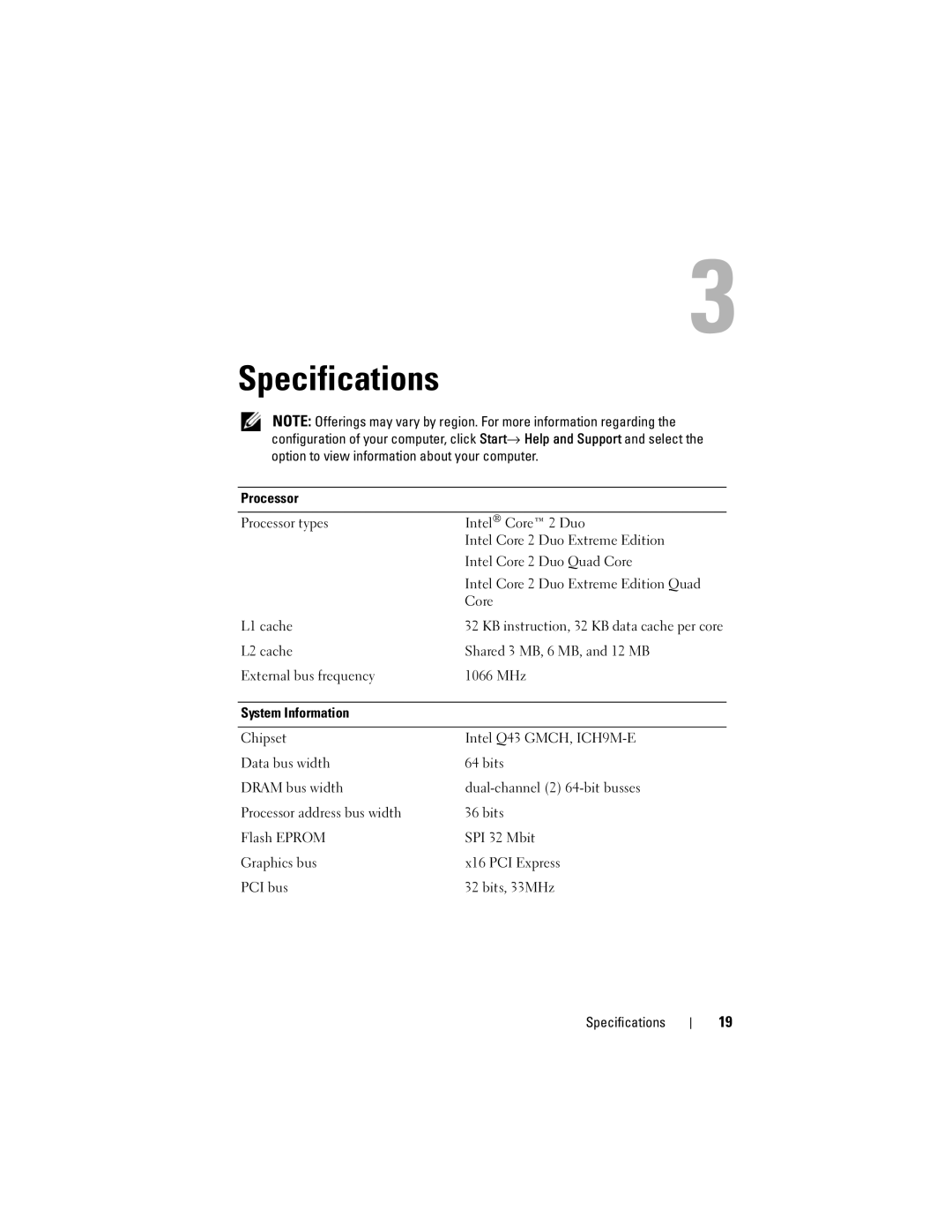 Dell M6400 specifications Specifications, Processor 