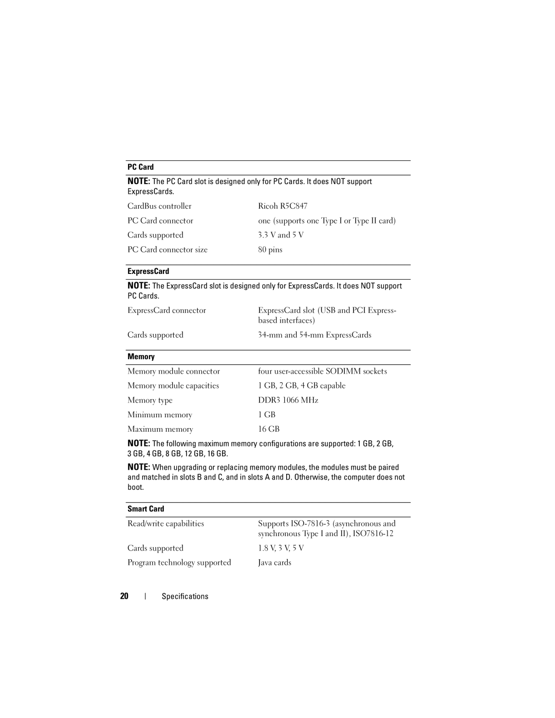 Dell M6400 specifications PC Card 