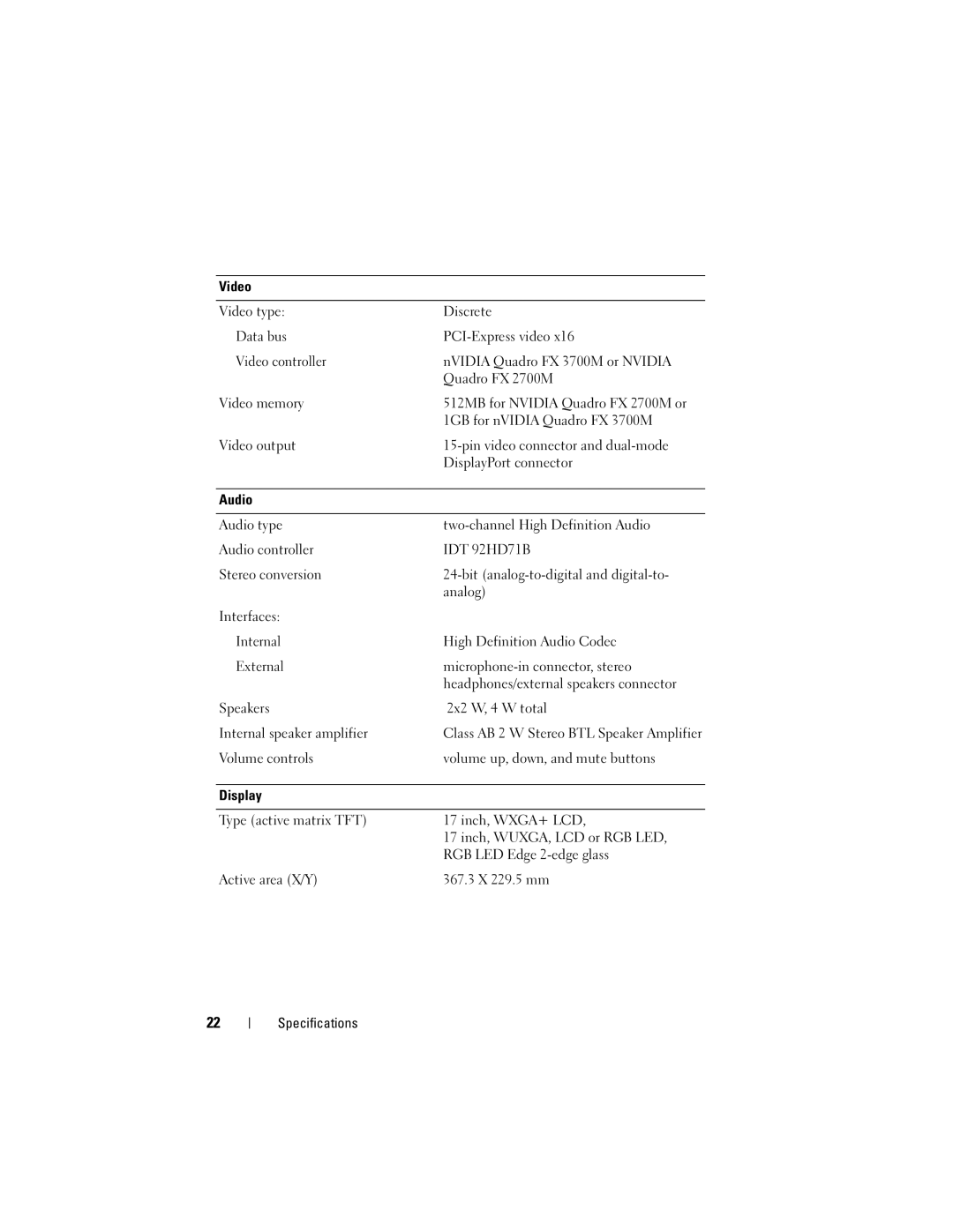 Dell M6400 specifications Video 