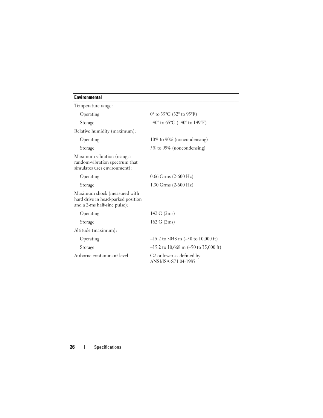 Dell M6400 specifications Environmental 