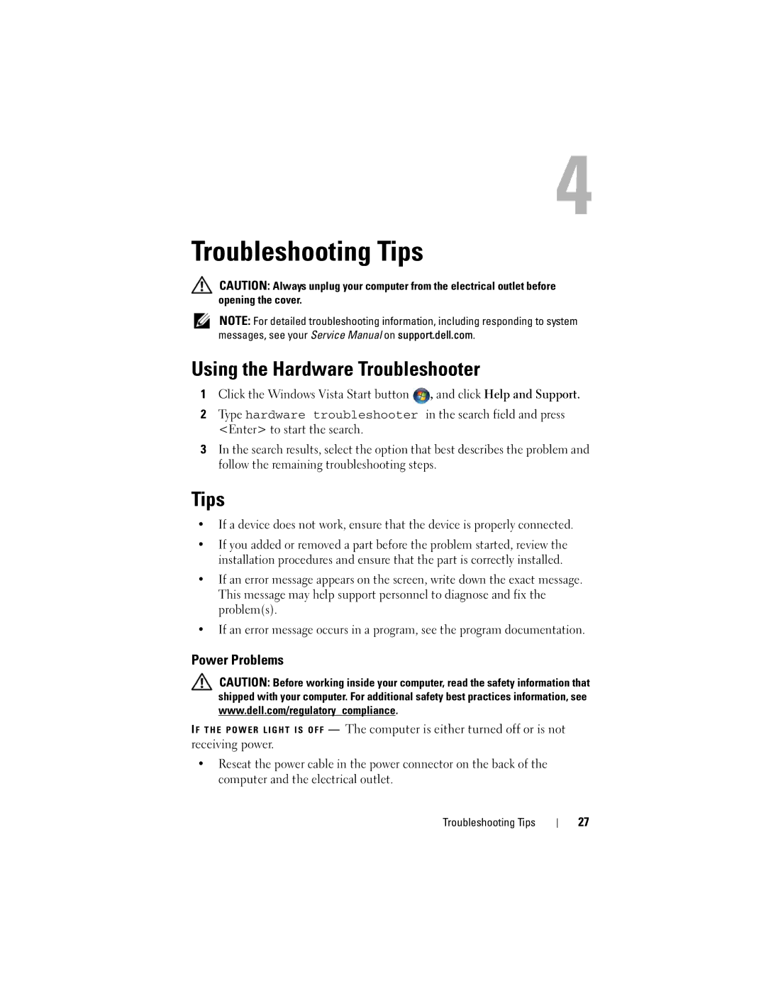 Dell M6400 specifications Troubleshooting Tips, Using the Hardware Troubleshooter, Power Problems 