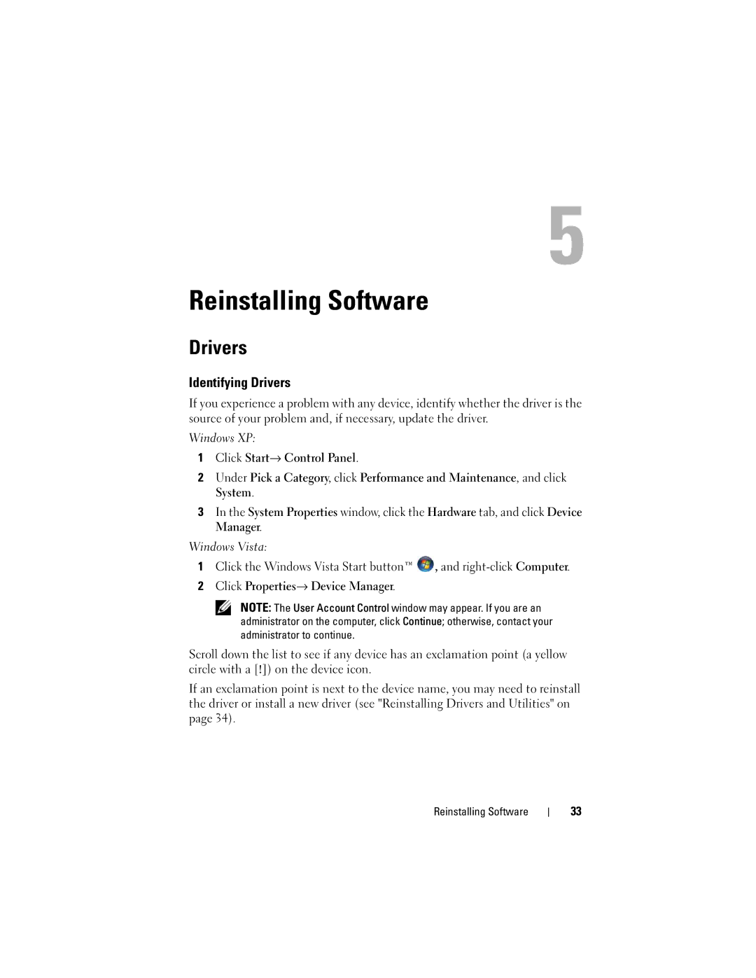 Dell M6400 specifications Reinstalling Software, Identifying Drivers, Windows Vista 