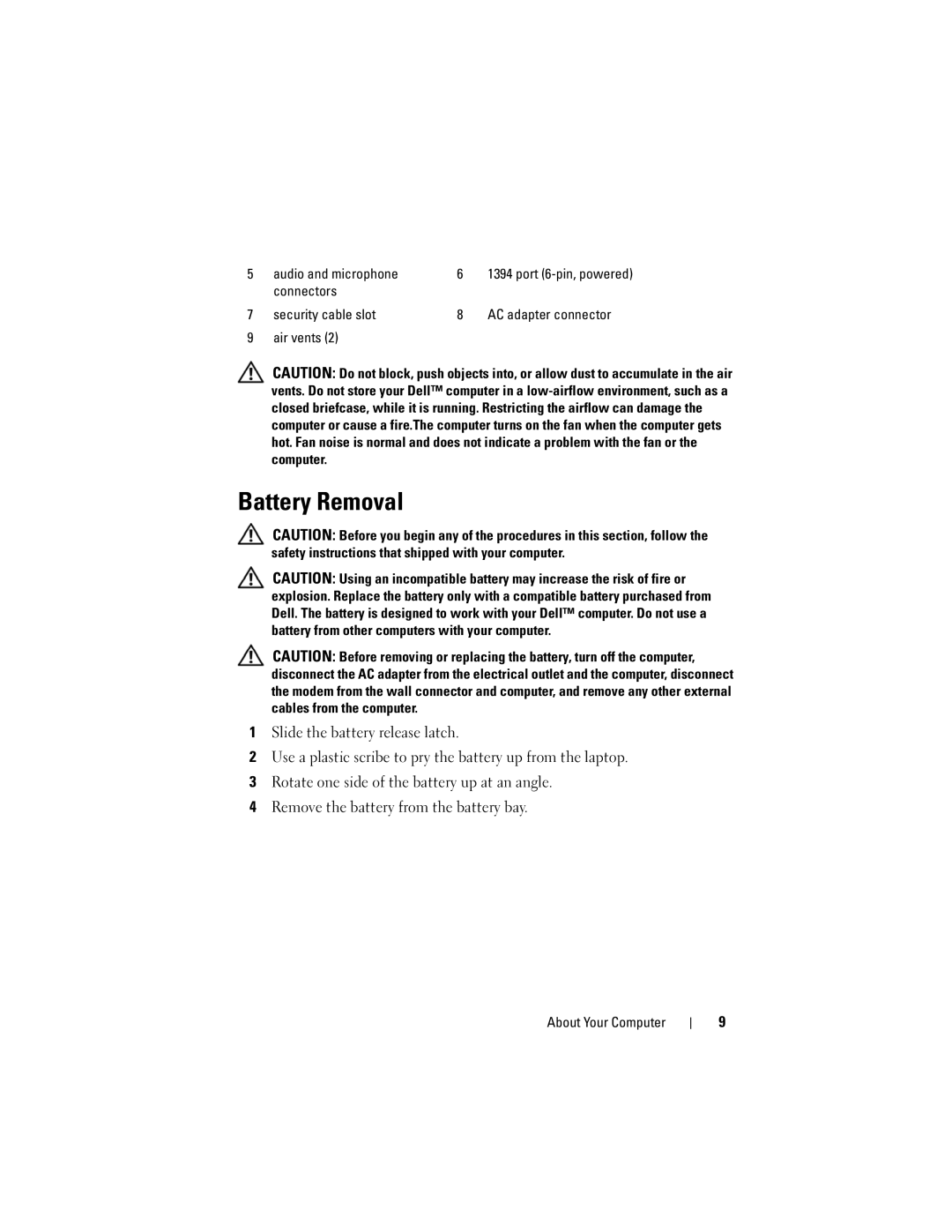 Dell M6400 specifications Battery Removal 