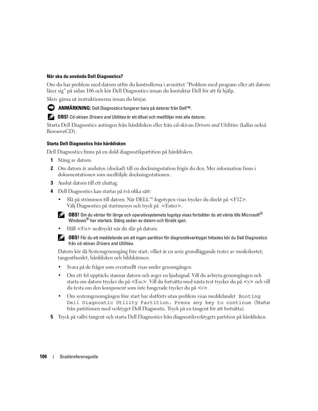 Dell M65, PD518 manual Håll Fn nedtryckt när du slår på datorn, 104 