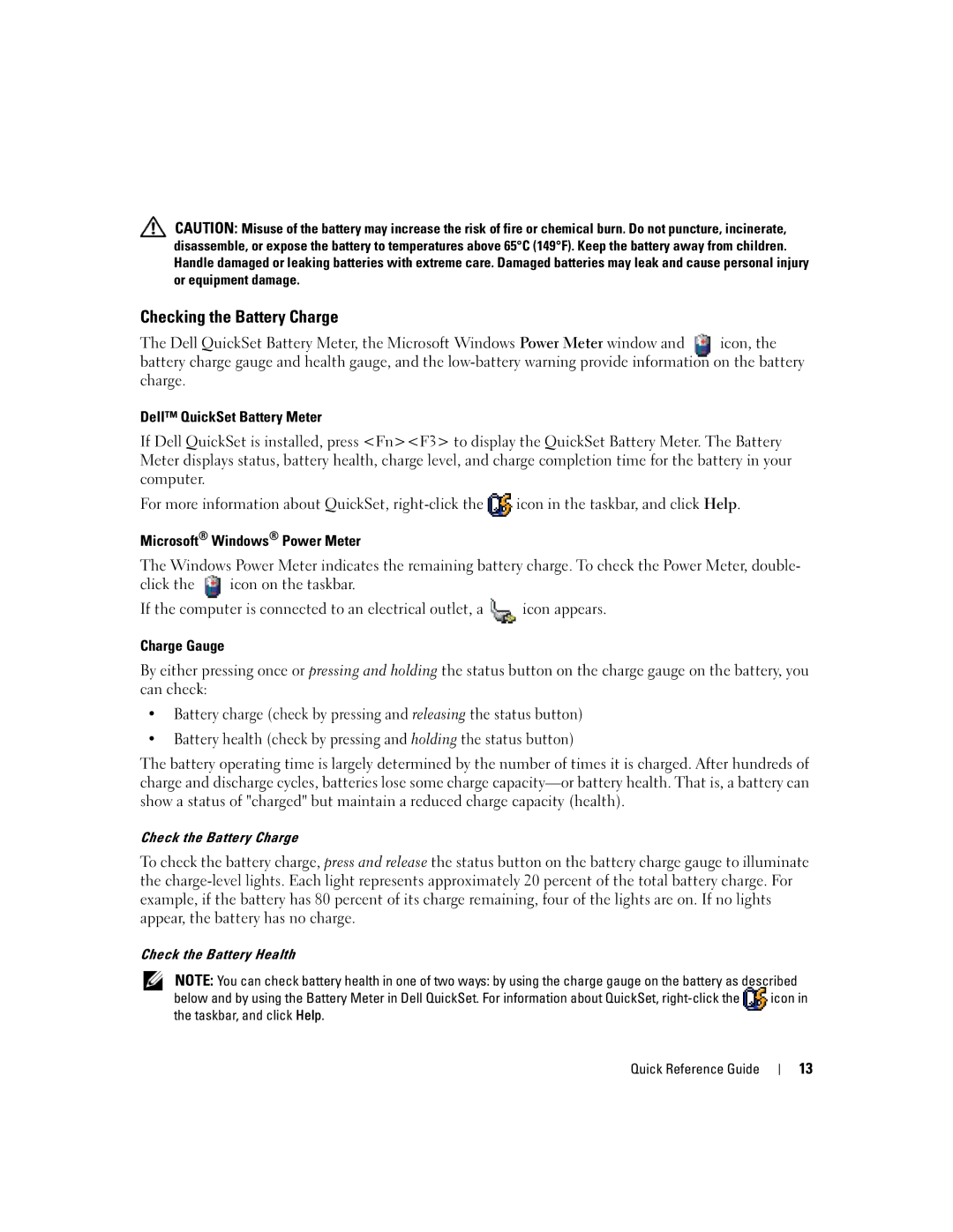 Dell PD518, M65 manual Checking the Battery Charge, Dell QuickSet Battery Meter, Microsoft Windows Power Meter, Charge Gauge 