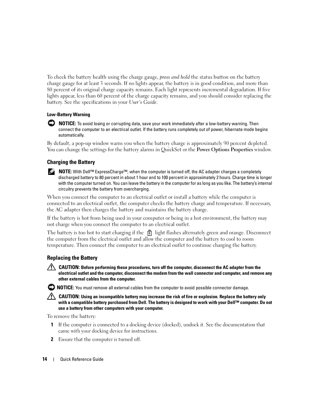 Dell M65, PD518 manual Charging the Battery, Replacing the Battery, Low-Battery Warning 