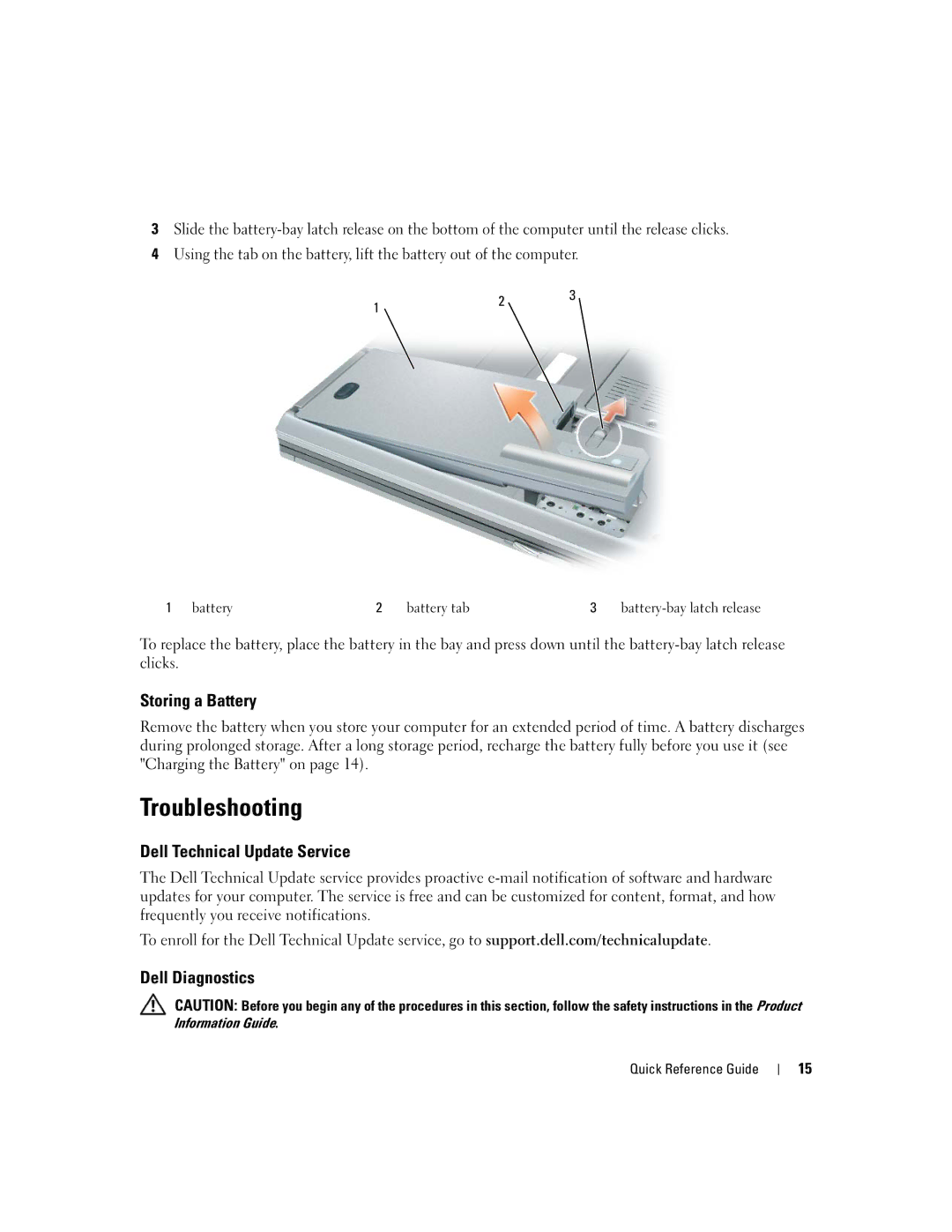 Dell PD518, M65 manual Troubleshooting, Storing a Battery, Dell Technical Update Service, Dell Diagnostics 