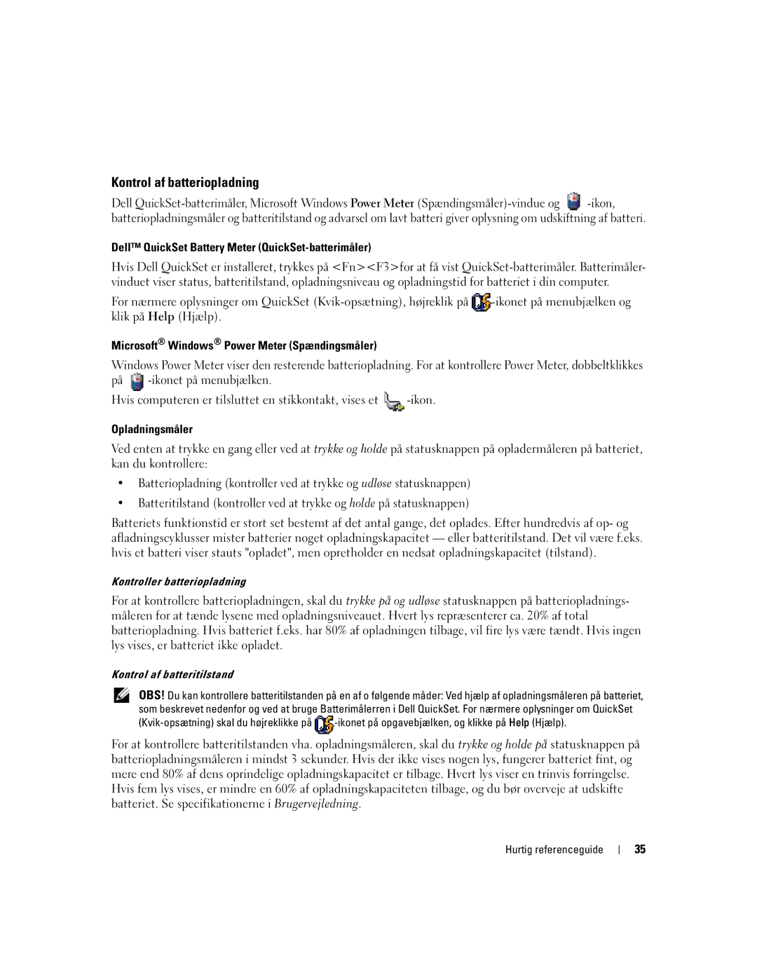 Dell PD518, M65 manual Kontrol af batteriopladning, Dell QuickSet Battery Meter QuickSet-batterimåler, Opladningsmåler 