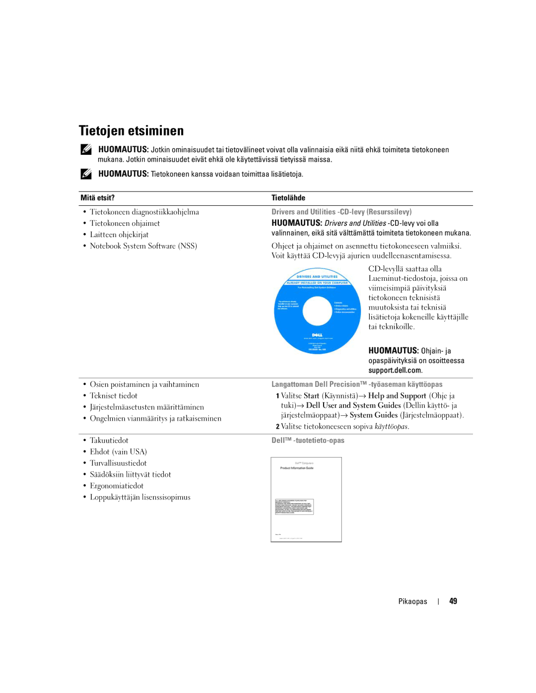 Dell PD518 Tietojen etsiminen, Huomautus Ohjain- ja, Drivers and Utilities -CD-levy Resurssilevy, Dell -tuotetieto-opas 