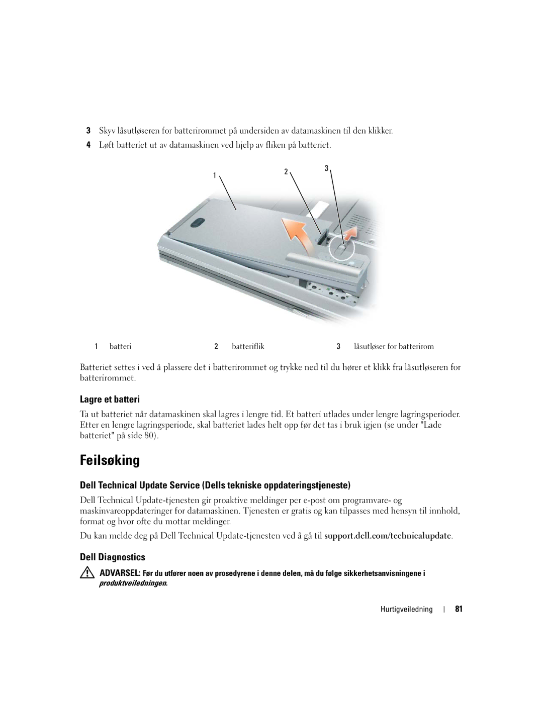 Dell PD518, M65 manual Feilsøking, Lagre et batteri 