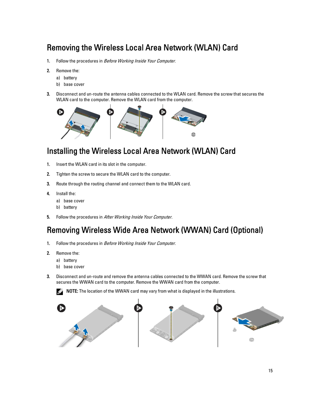 Dell M6700 Removing the Wireless Local Area Network Wlan Card, Installing the Wireless Local Area Network Wlan Card 