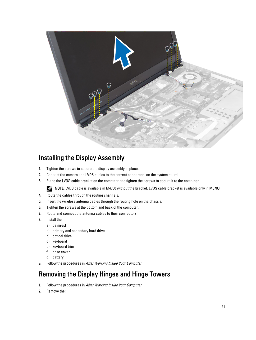 Dell M6700 owner manual Installing the Display Assembly, Removing the Display Hinges and Hinge Towers 