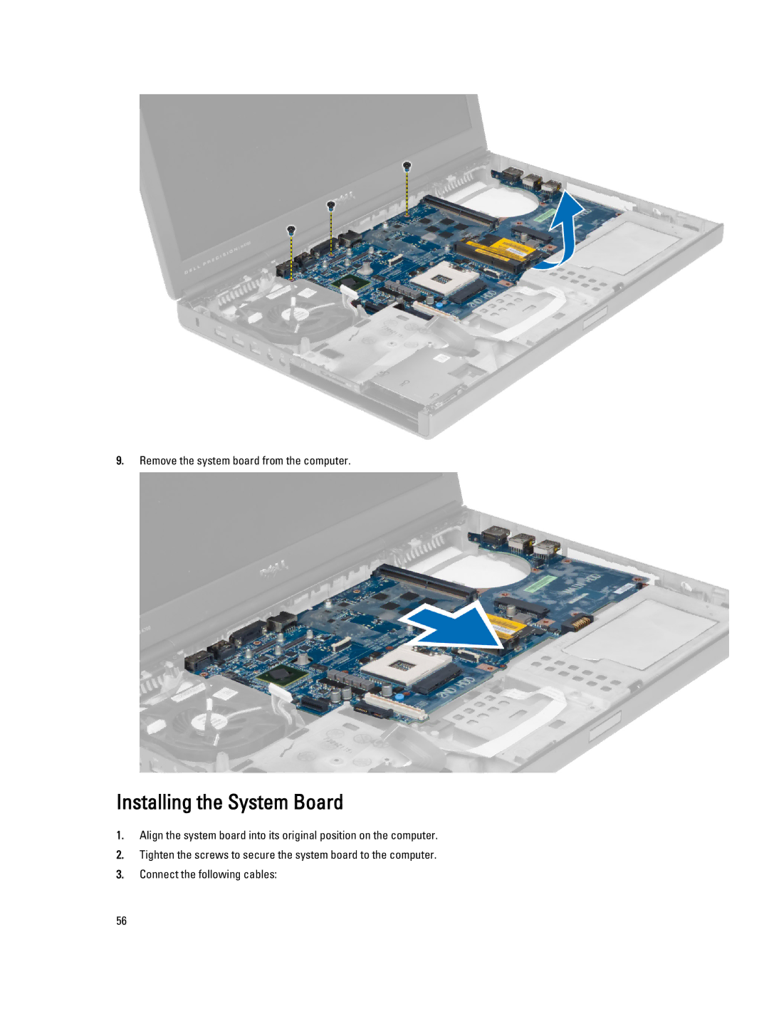 Dell M6700 owner manual Installing the System Board 