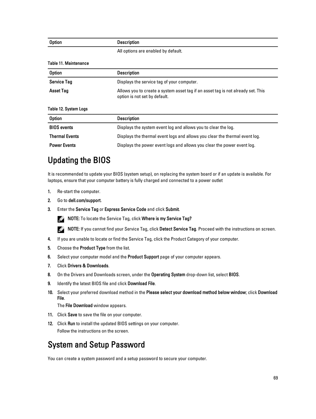 Dell M6700 owner manual Updating the Bios, System and Setup Password, Option Description All options are enabled by default 