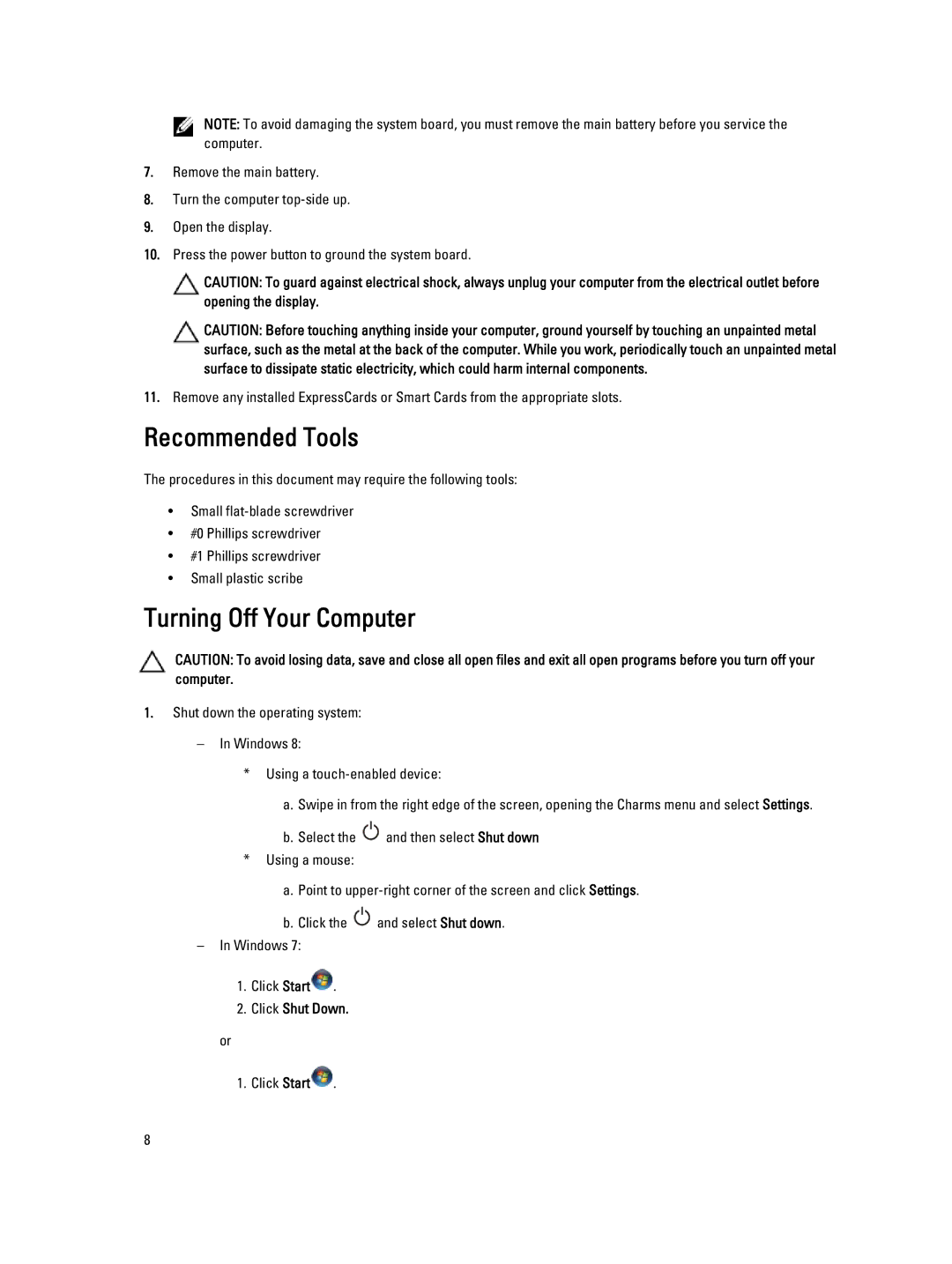 Dell M6700 owner manual Recommended Tools, Turning Off Your Computer, Click Shut Down 