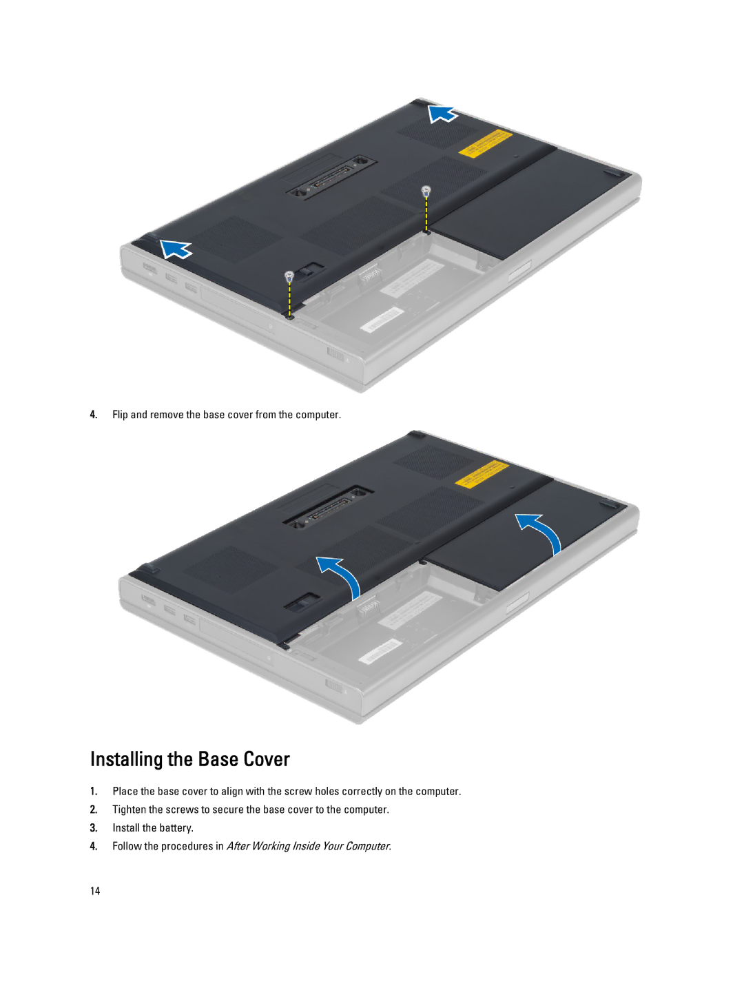 Dell M6700 owner manual Installing the Base Cover 