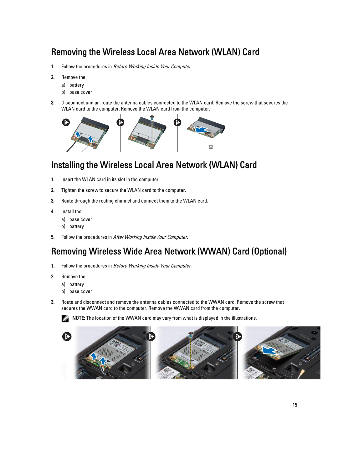 Dell M6700 Removing the Wireless Local Area Network Wlan Card, Installing the Wireless Local Area Network Wlan Card 