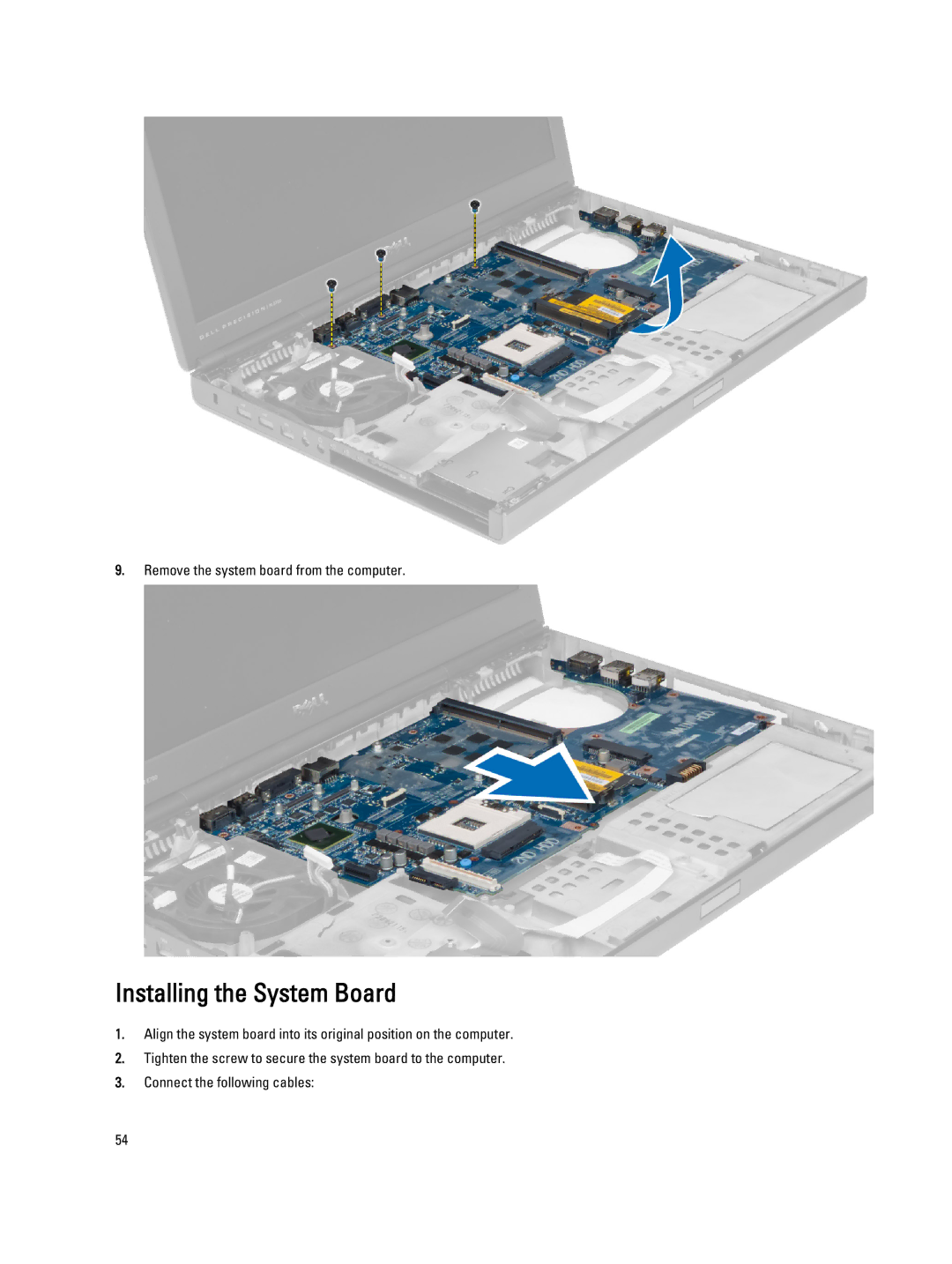 Dell M6700 owner manual Installing the System Board 