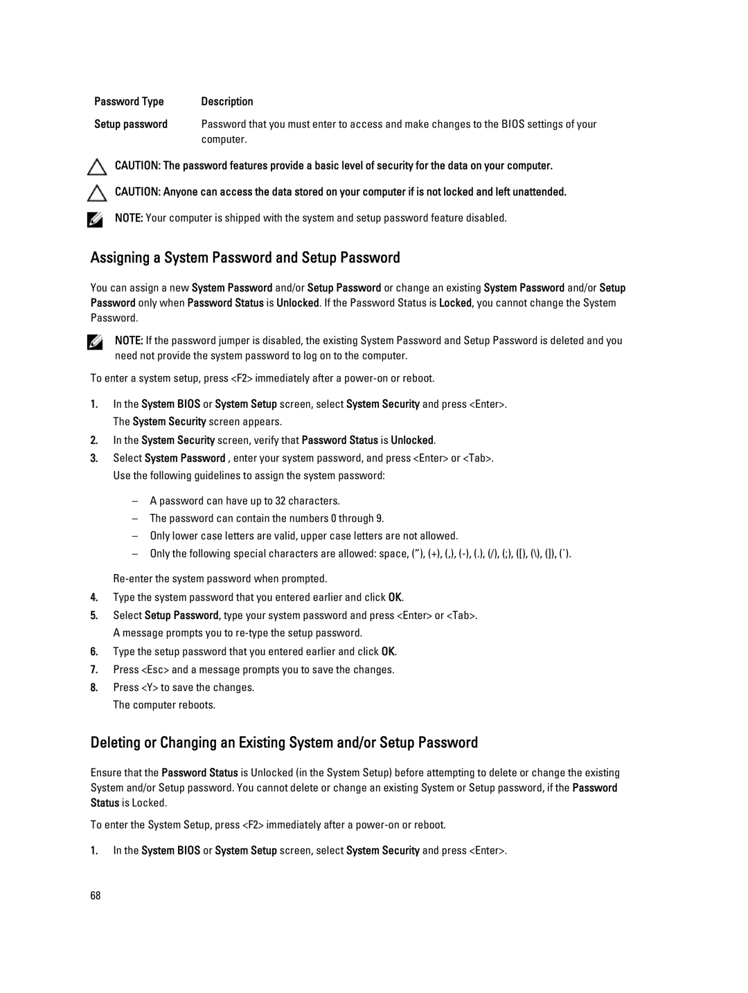 Dell M6700 owner manual Password Type Description Setup password, Computer 